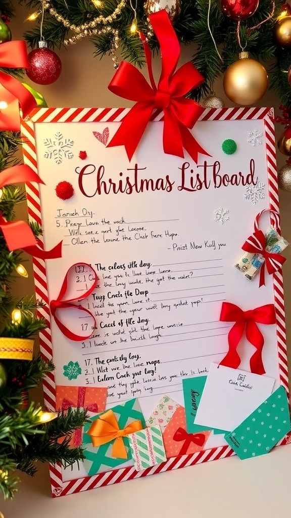 Christmas List Board Recipe A vibrant Christmas List Board with decorations and gift ideas, set in a festive holiday atmosphere.
